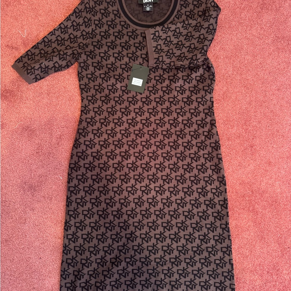 DKNY Black and Gray Logo Long Sleeve Dress